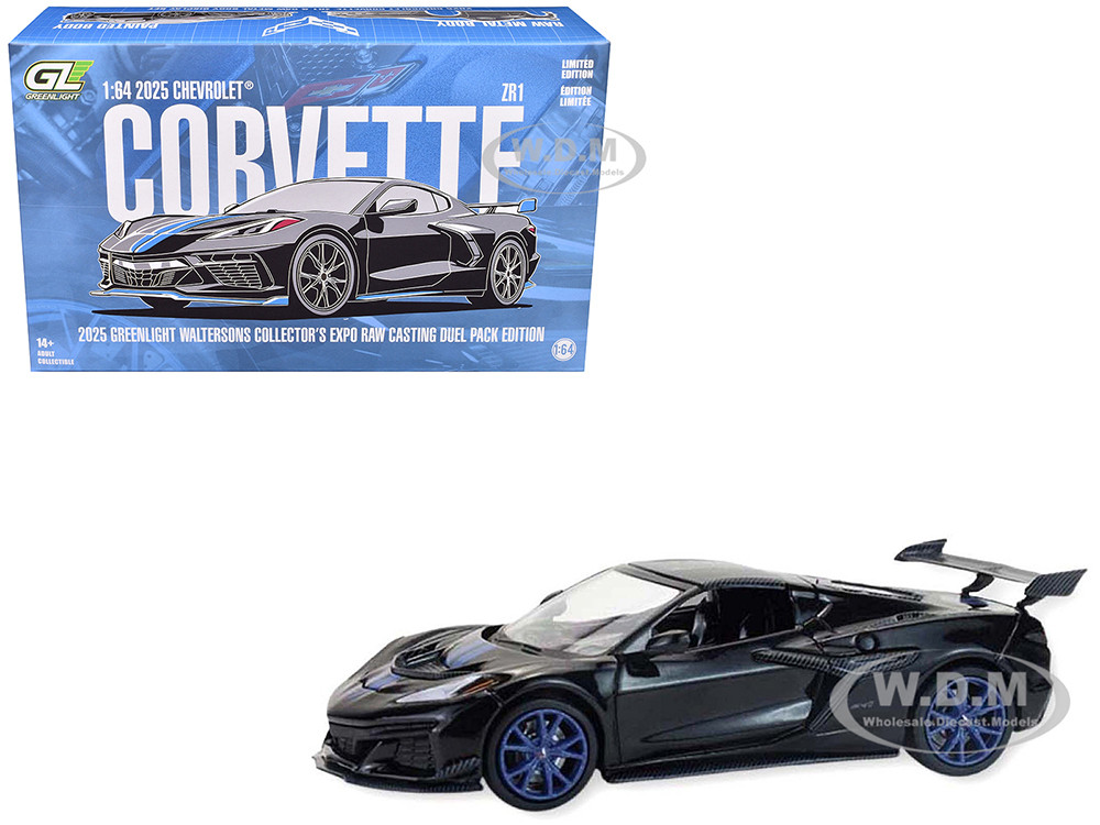 2025 Chevrolet Corvette C8 ZR1 Black with Blue Stripes with Raw Casting Dual Pack "2025 Greenlight Waltersons Collector's Expo Exclusive" 1/64 Diecast Model Car by Greenlight diecast model