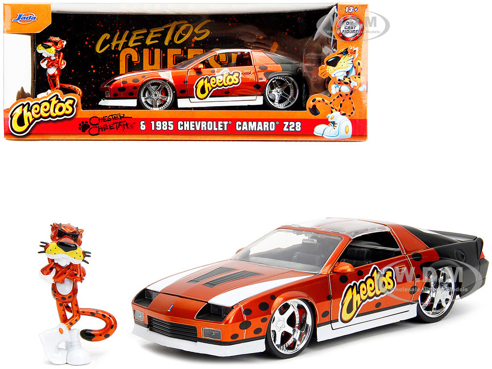 1985 Chevrolet Camaro Z/28 Orange Metallic with Graphics and Chester Cheetah Diecast Figure "Cheetos" "Hollywood Rides" Series 1/24 Diecast Model Car by Jada diecast model