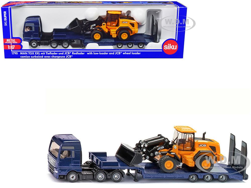 MAN Truck Blue Metallic with Low Loader Trailer and JCB 457 Wheel Loader Yellow 1/87 (HO) Diecast Model by Siku diecast model