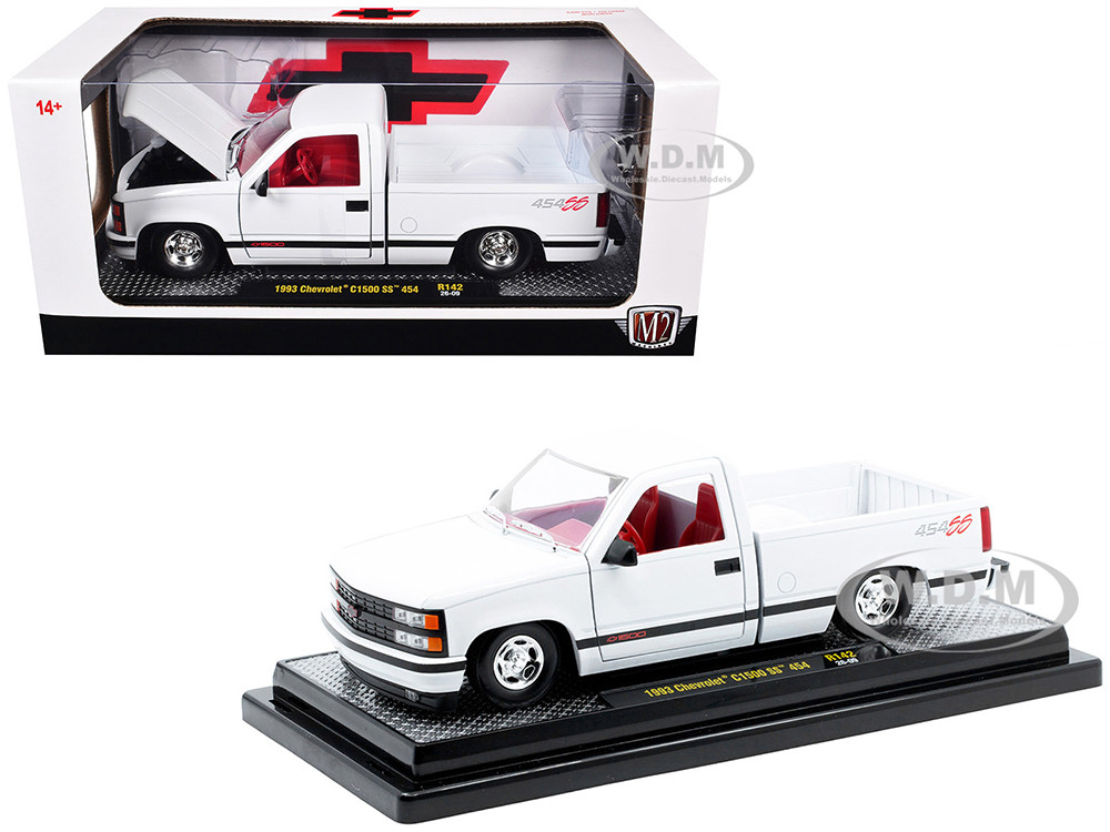 1993 Chevrolet C1500 SS 454 Pickup Truck White with Red Interior Limited Edition to 9600 pieces Worldwide 1/24 Diecast Model Car by M2 Machines diecast model