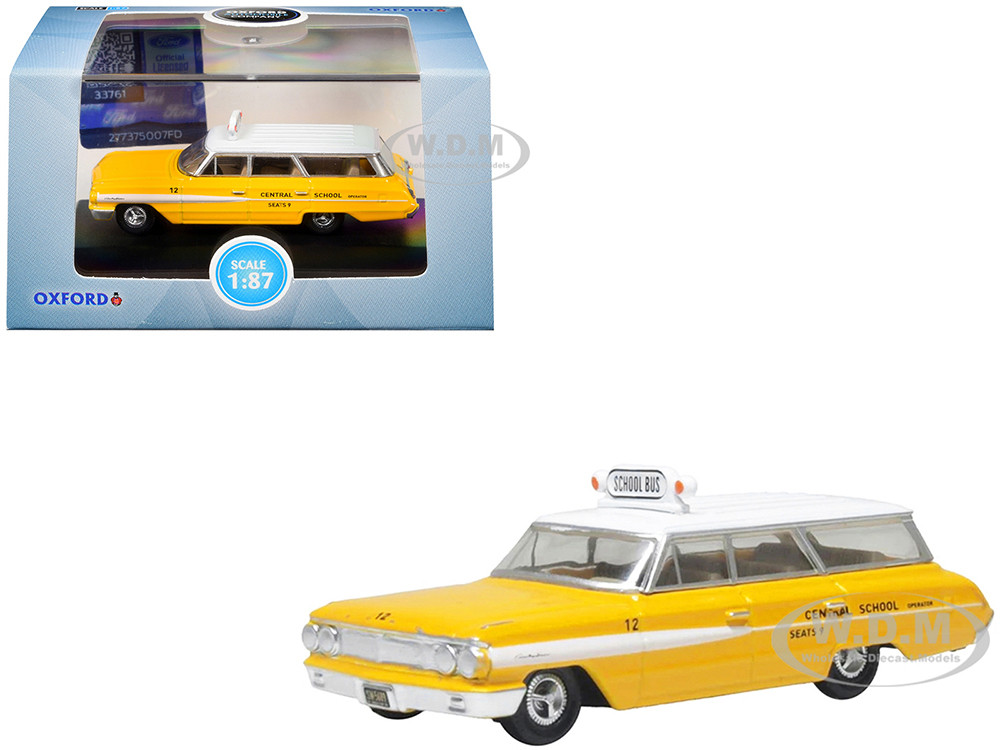 1964 Ford Country Station Wagon "Central School Bus" Yellow with White Top 1/87 (HO) Scale Diecast Model Car by Oxford Diecast diecast model