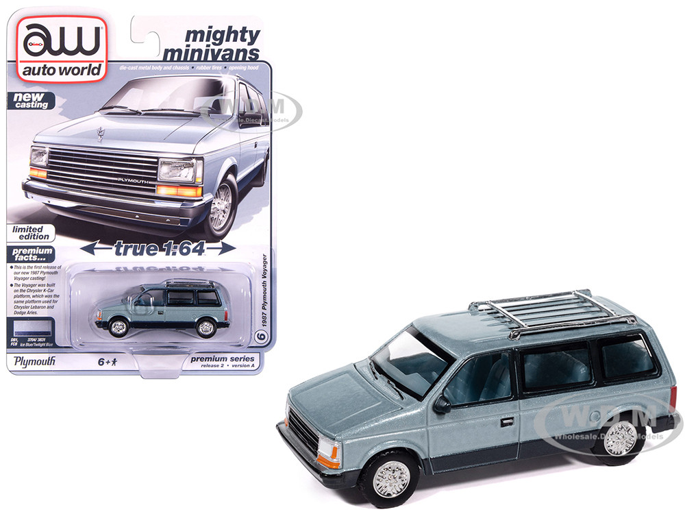 1987 Plymouth Voyager Van Ice Blue Metallic and Twilight Blue Metallic 2-Tone with Blue Interior "Mighty Minivans" Series 1/64 Diecast Model Car by Auto World diecast model