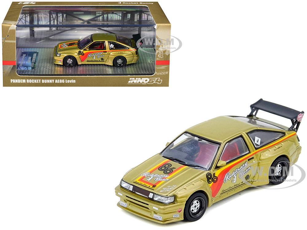Toyota Levin (AE86) RHD (Right Hand Drive) #86 "Pandem Rocket Bunny" Gold Metallic with Stripes 1/64 Diecast Model Car by Inno Models diecast model