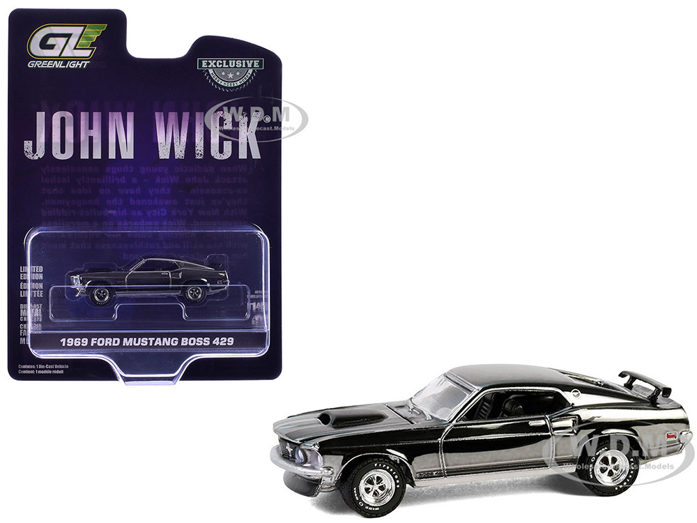 1969 Ford Mustang Boss 429 Silver Chrome Edition with Black Stripes "John Wick" (2014) Movie "Hobby Exclusive" Series 1/64 Diecast Model Car by Greenlight diecast model