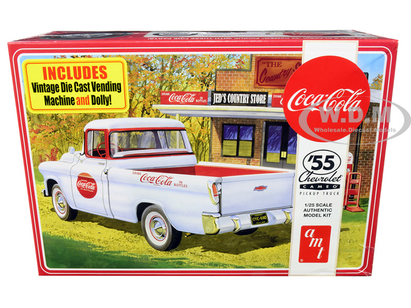 Skill 3 Model Kit 1955 Chevrolet Cameo Pickup Truck "Coca-Cola" with Vintage Vending Machine and Dolly 1/25 Scale Model by AMT diecast model