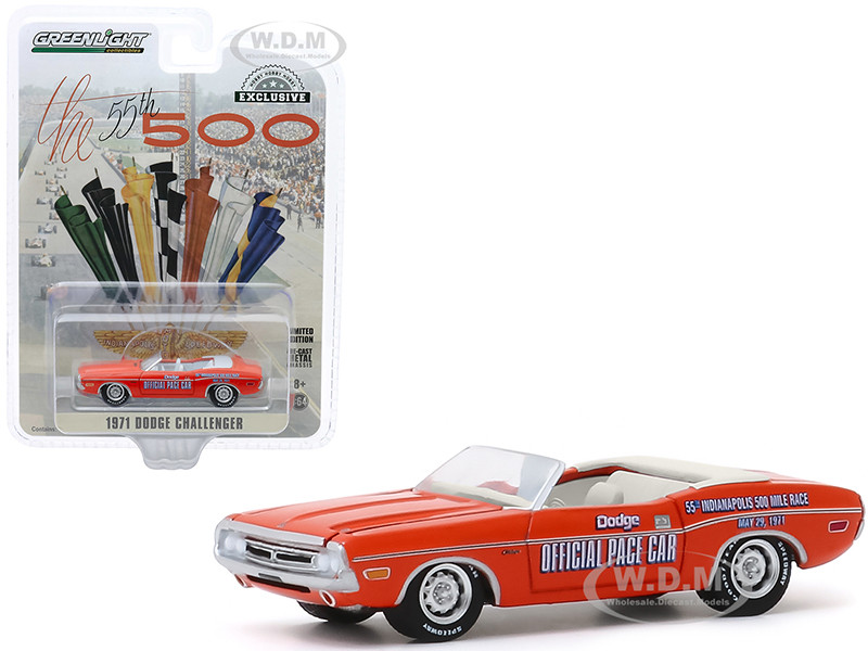 1971 Dodge Challenger Convertible Official Pace Car Orange "55th Indianapolis 500 Mile Race" "Hobby Exclusive" 1/64 Diecast Model Car by Greenlight diecast model