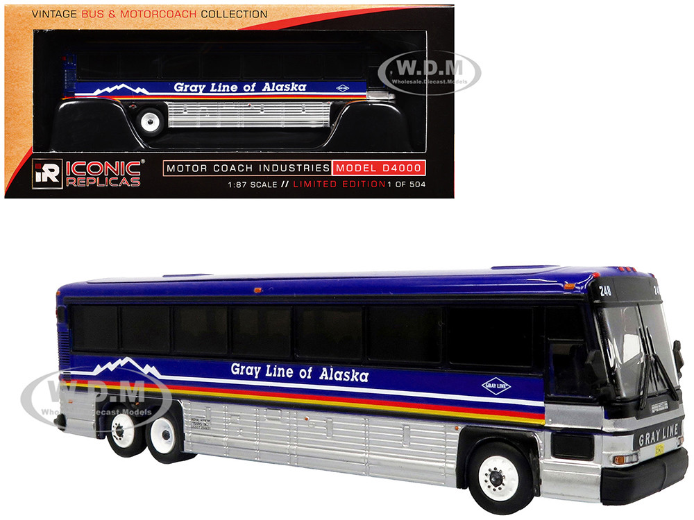 2001 MCI D4000 Coach Bus "Gray Line of Alaska" Dark Blue with Stripes "Vintage Bus & Motorcoach Collection" Limited Edition to 504 pieces Worldwide 1/87 (HO) Diecast Model by Iconic Replicas diecast model