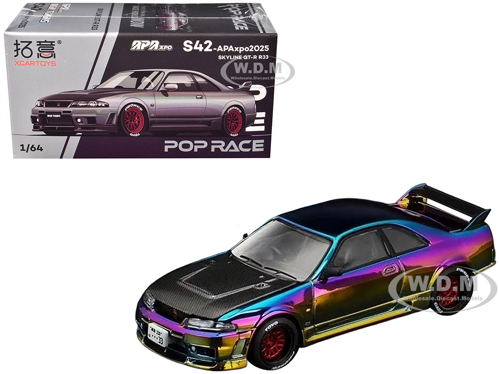 Skyline GT-R (R33) RHD (Right Hand Drive) Chameleon Chrome with Carbon Hood "APA XPO 2025 Exclusive" 1/64 Diecast Model Car by Pop Race diecast model