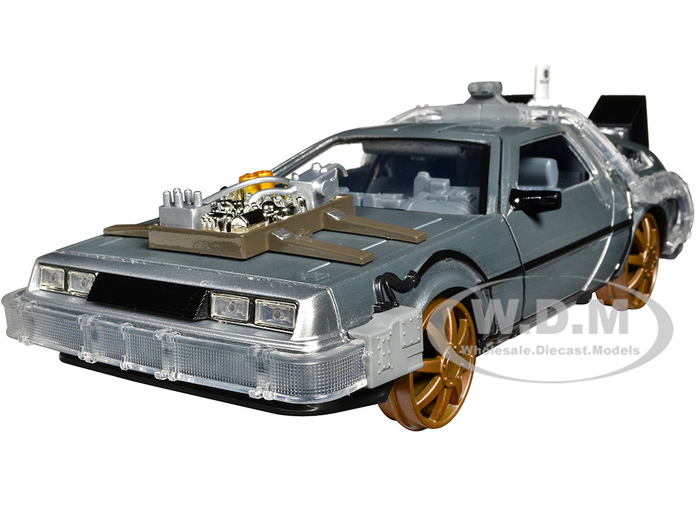 DeLorean Brushed Metal Time Machine (Train Wheel Version) with Lights "Back to the Future Part III" (1990) Movie "Hollywood Rides" Series 1/24 Diecast Model Car by Jada diecast model