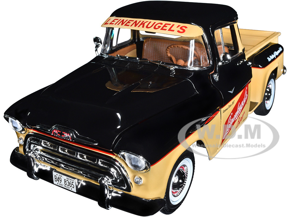 1957 Chevrolet 3100 Stepside Pickup Truck Black and Tan with Graphics "Leinenkugle's Beer The Pride of Chippewa Falls" 1/18 Diecast Model by Auto World diecast model
