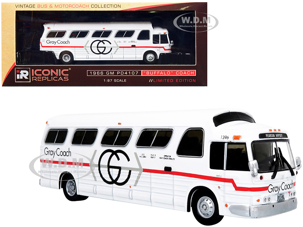 1966 GM PD4107 "Buffalo" Coach Bus "Gray Coach" Destination: "Pearson Airport" Toronto (Ontario, Canada) "Vintage Bus & Motorcoach Collection" 1/87 (HO) Diecast Model by Iconic Replicas diecast model