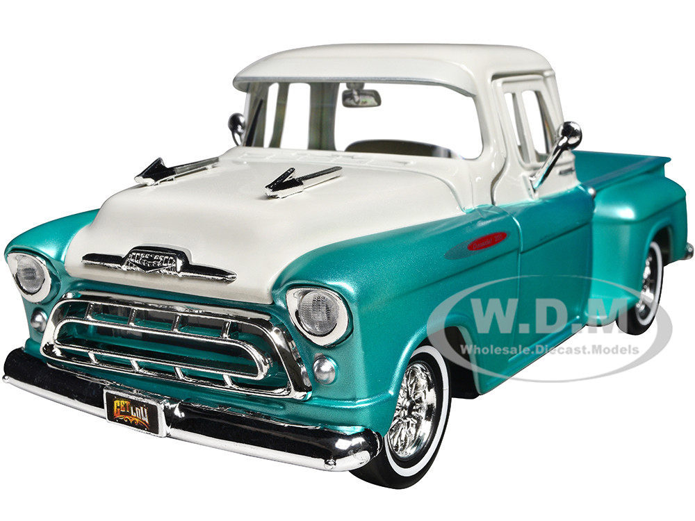 1957 Chevrolet 3100 Stepside Pickup Truck Lowrider Turquoise Metallic and White with White Interior "Get Low" Series 1/24 Diecast Model Car by Motormax diecast model