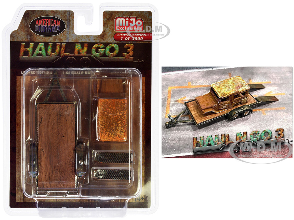 "Haul N Go 3" 4 piece Diecast Model Set (1 Flatbed Trailer, 1 Abandoned Car, 2 Ramps) Limited Edition to 3600 pieces Worldwide for 1/64 Scale Models by American Diorama diecast model