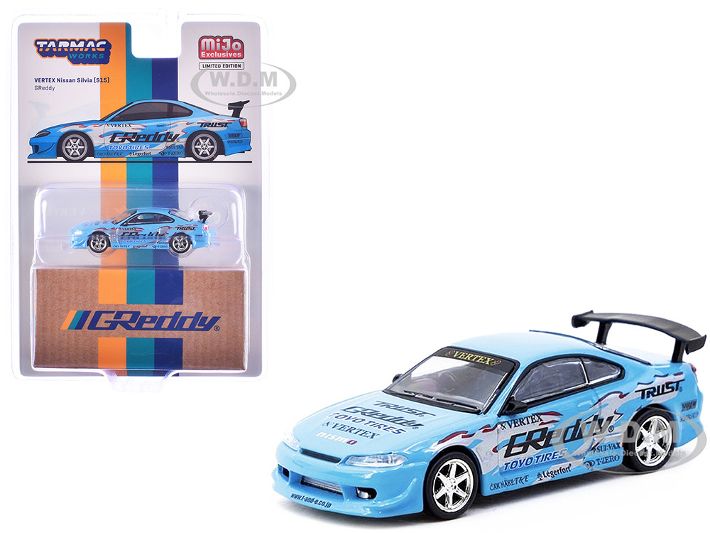 Nissan Silvia (S15) Vertex RHD (Right Hand Drive) "GReddy" Light Blue "Global64" Series 1/64 Diecast Model by Tarmac Works diecast model