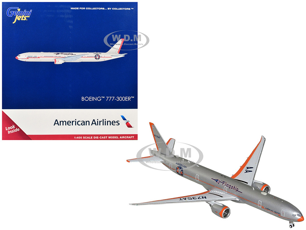 Boeing 777-300ER Commercial Aircraft "American Airlines - Flagship DFW" (N735AT) Silver with Orange Stripes 1/400 Diecast Model Airplane by GeminiJets diecast model