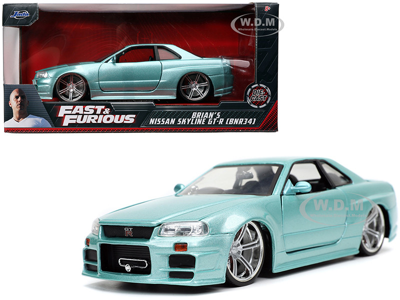 Brian's Nissan Skyline GT-R (BNR34) RHD (Right Hand Drive) Turquoise Metallic "Fast & Furious" Movie 1/24 Diecast Model Car by Jada diecast model
