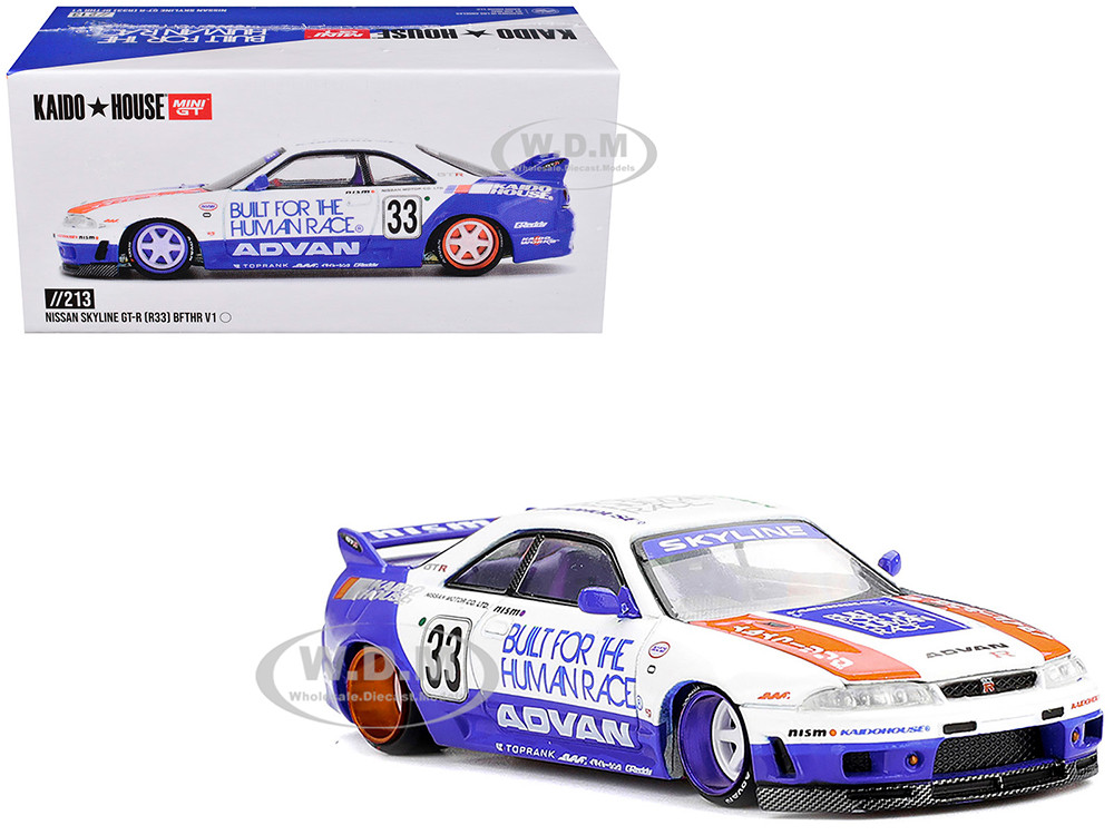Nissan Skyline GT-R (R33) RHD (Right Hand Drive) #33 "BFTHR V1" Blue and White with Graphics (Designed by Jun Imai) "Kaido House" Special 1/64 Diecast Model Car by Mini GT diecast model