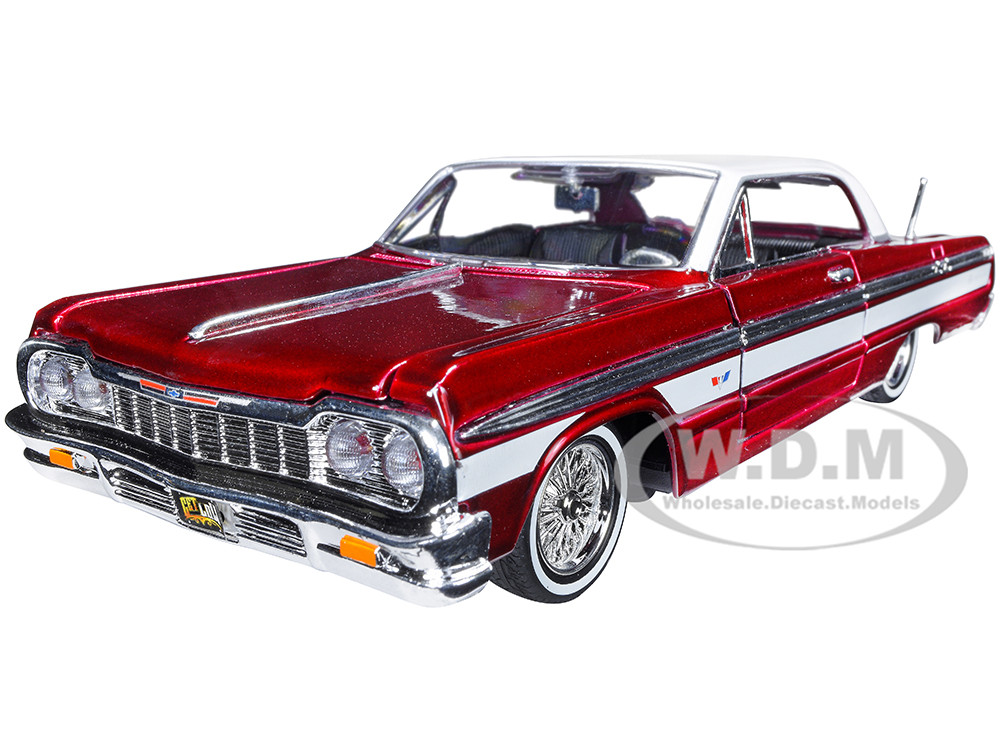 1964 Chevrolet Impala Lowrider Hard Top Candy Red Metallic with White Top "Get Low" Series 1/24 Diecast Model Car by Motormax diecast model