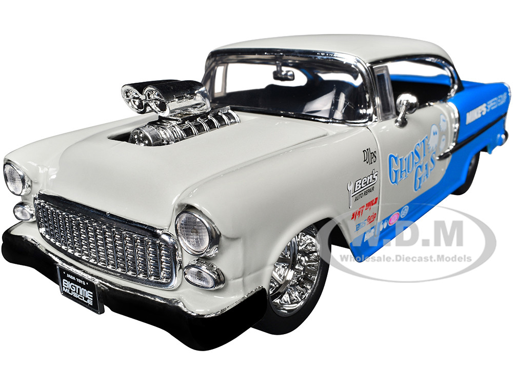 1955 Chevrolet Bel Air "Ghost Gas - Mike's Speed Equip" Light Gray and Blue "Bigtime Muscle" Series 1/24 Diecast Model Car by Jada diecast model