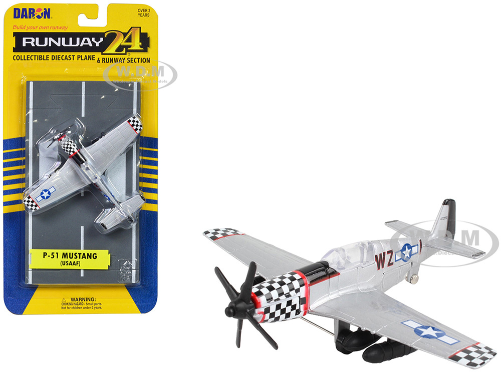 North American P-51 Mustang Fighter Aircraft Silver Metallic "United States Army Air Force" with Runway Section Diecast Model Airplane by Runway24 diecast model