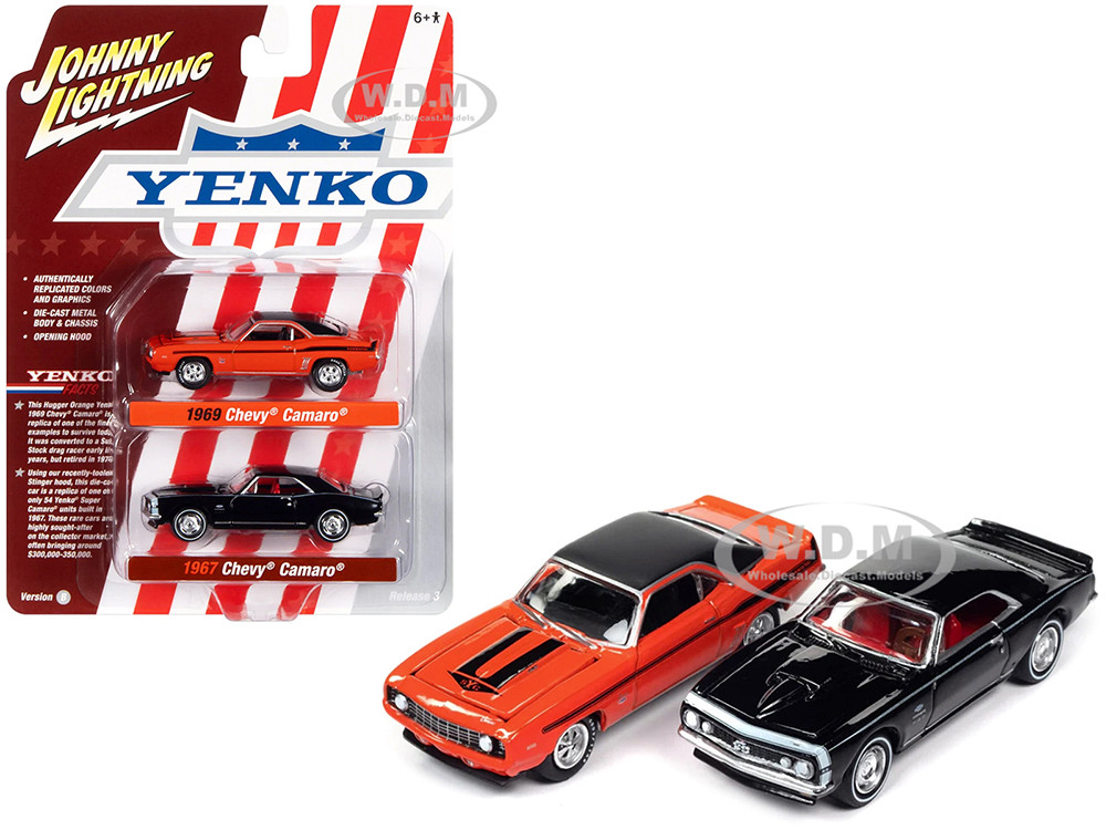 1969 Chevrolet Camaro Hugger Orange with Black Top and Stripes and 1967 Chevrolet Camaro Black with White Stripe and Red Interior "Yenko" Series Set of 2 Cars 1/64 Diecast Model Cars by Johnny Lightning diecast model
