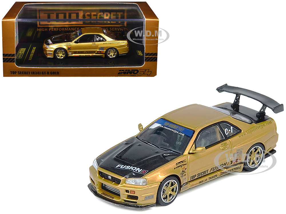 Nissan Skyline GT-R (R34) RHD (Right Hand Drive) "Top Secret" Gold Metallic with Carbon Hood and Trunk 1/64 Diecast Model Car by Inno Models diecast model