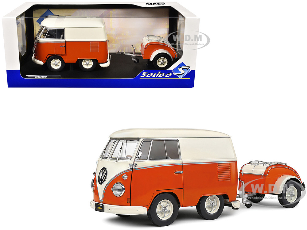 1950 Volkswagen Kool Kombi Van with Trailer Orange and White 1/18 Diecast Model Car by Solido diecast model