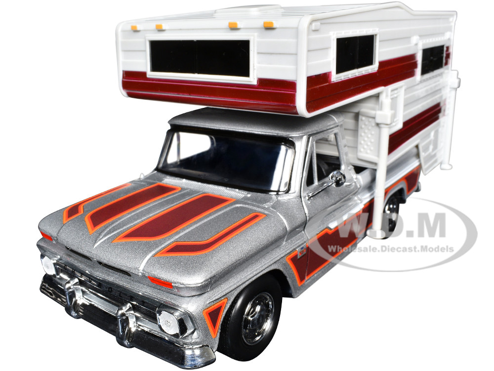 1966 Chevrolet C10 Fleetside Pickup Truck Silver Metallic with Brown Sides with Camper Shell "American Classics" Series 1/24 Diecast Model Car by Motormax diecast model