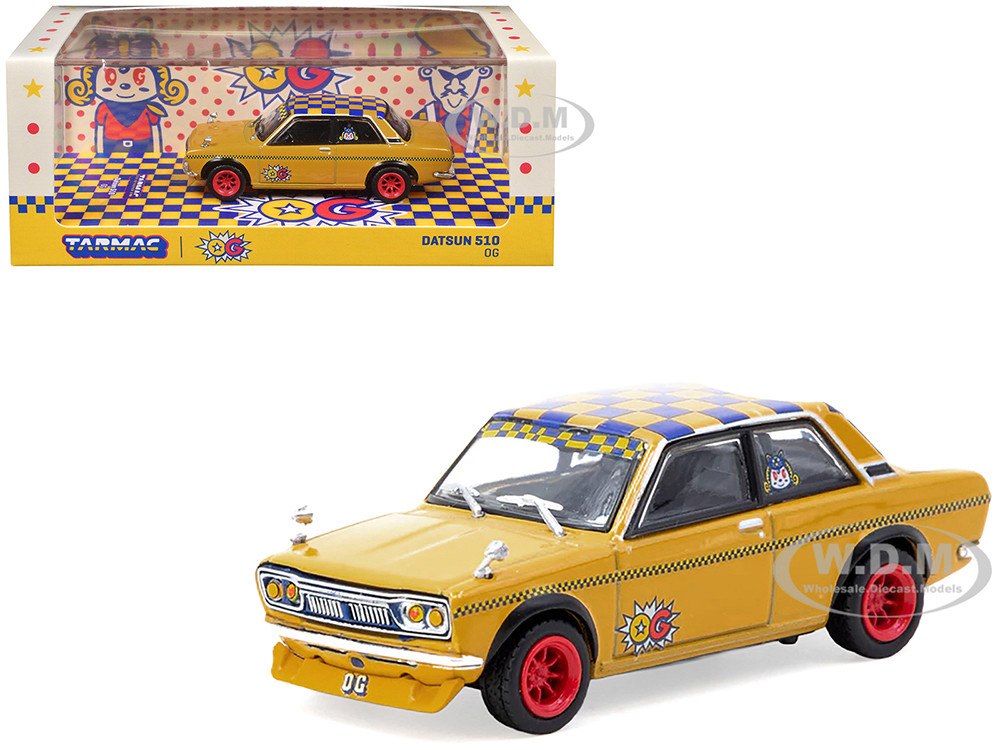 Datsun 510 "OG Beer" Yellow with Checkered Top "Hobby64" Series 1/64 Diecast Model Car by Tarmac Works diecast model