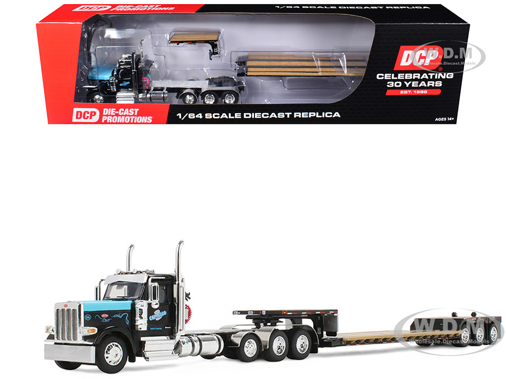 Peterbilt 589 Day Cab and Fontaine Renegade LXT40 Lowboy Trailer with Fliptail "Cappello Heavy Transport" Black with Light Blue Hood 1/64 Diecast Mode diecast model