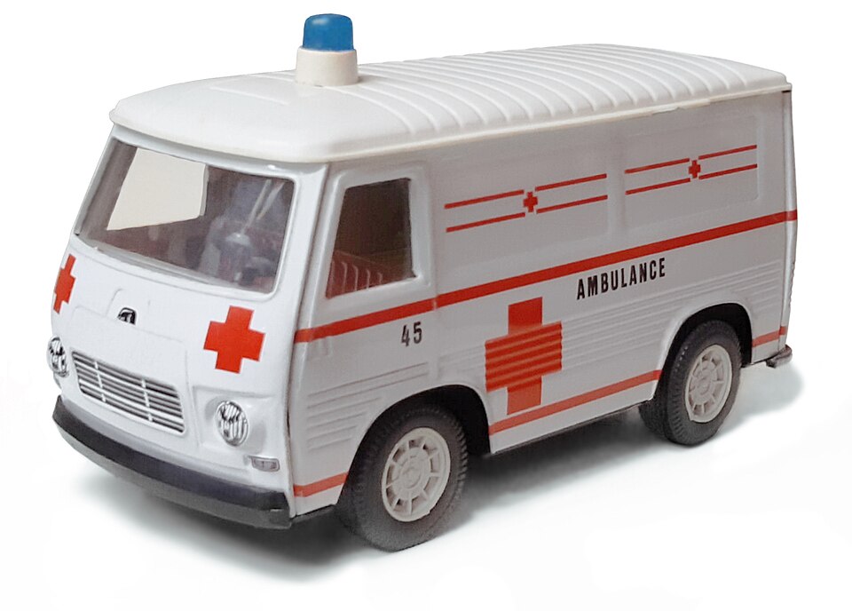 Joustra-fourgon-Peugeot-J7-ambulance-gyro-bleu-tole-friction-21cm-1975, a model car by Joustra