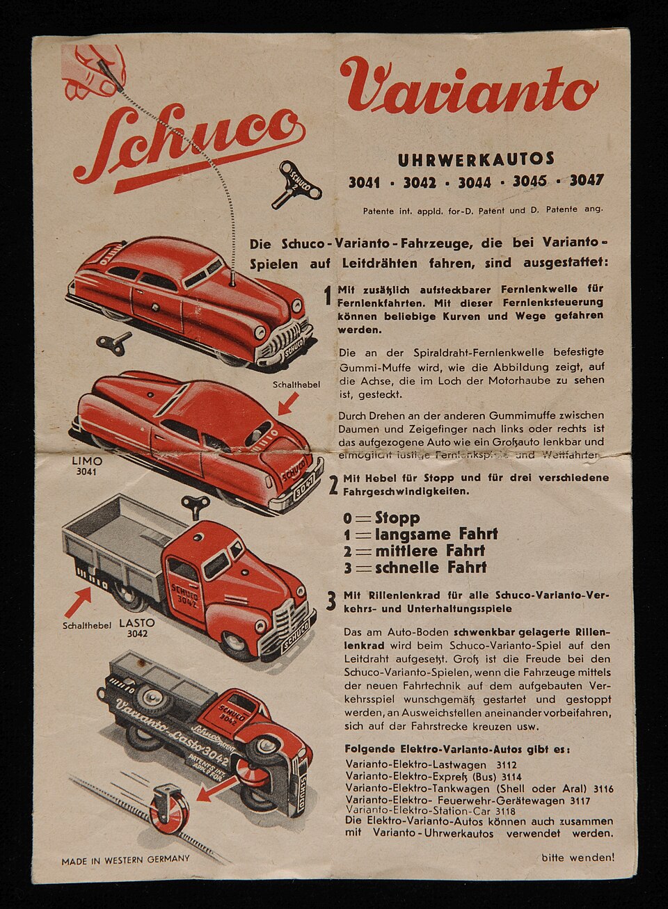 Zestalige handleiding bij geleidedraadsysteem voor opwindauto’s, Schuco, objectnr 61653-1, a model car by Schuco