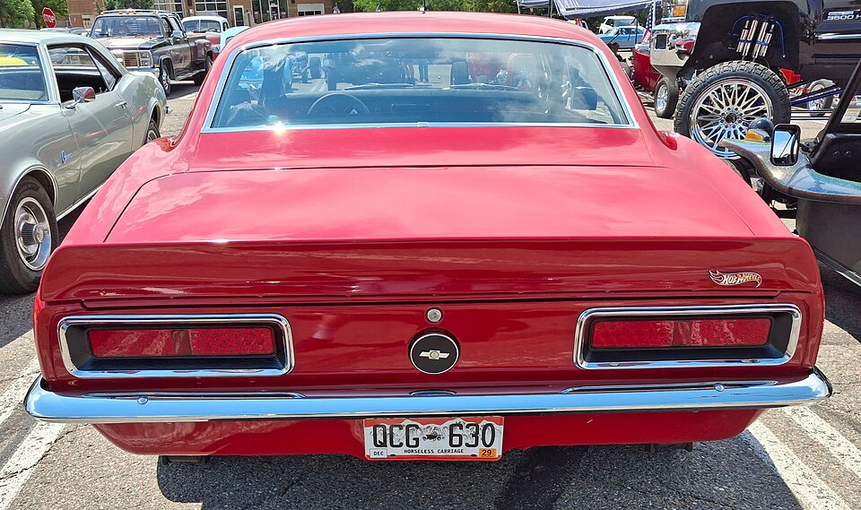 1967 Chevrolet Camaro 327, red, rear, with Hot Wheels badge, Golden Super Cruise 2026-07-04, a model car by Hot Wheels