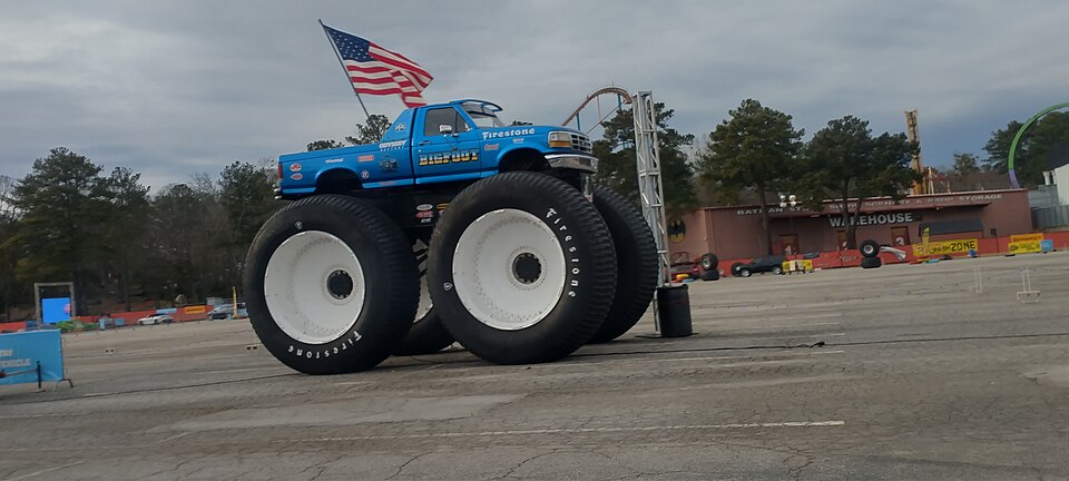 A photo of the Bigfoot with its 10 foot tires ag the Hot Wheels Ultimate Event, a model car by Hot Wheels