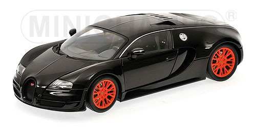 BUGATTI VEYRON SUPER SPORT – 2010 – BLACK METALLIC – WITH ORANGE RIMS 1:18 model