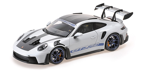 PORSCHE 911 (992) GT3 RS – 2022 – GREY MET. W/WEISSACH PACKAGE W BLUE DECOR WHEELS SINGLE NUMBERED - L.E. 649 pcs. 1:18 model