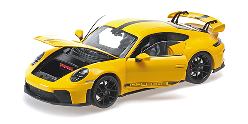 PORSCHE 911 (992.2) GT3 – 2025 – YELLOW W/BLACK WHEELS AND STRIPES 1:18 model
