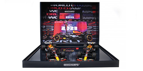 2-CAR-SET – ORACLE RED BULL RACING RB19 – MAX VERSTAPPEN – WORLD CHAMPION QATAR SPRINT & GP 2023 1:18 model