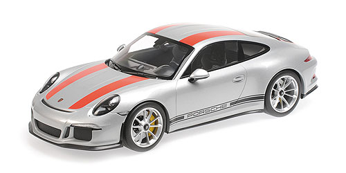 PORSCHE 911 R – 2016 – SILVER W/ RED STRIPES AND BLACK WRITING 1:12 model