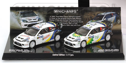 2-CAR SET – FORD FOCUS RS WRC – MAERTIN/PARK – DUVAL/PREVOT – DOUBLE WINNERS RALLY MEXICO 2004 L.E. 1111 pcs. 1:43 model