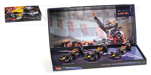 3 CAR SET – RED BULL RACING – SEBASTIAN VETTEL – 3 TIMES WORLD CHAMPION 2010-2011-2012 L.E. 555 pcs. 1:43 model