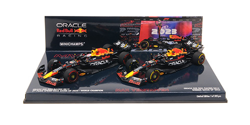 2-CAR-SET – ORACLE RED BULL RACING RB19 – MAX VERSTAPPEN – WORLD CHAMPION QATAR SPRINT & GP 2023 - L.E. 305 pcs. 1:43 model
