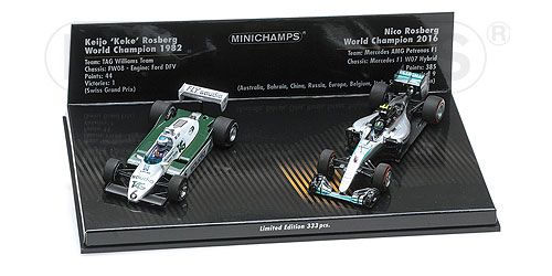 2-CAR SET – WILLIAMS FORD FW08 1982/MERCEDES AMG PETRONAS F1 TEAM 2016 – KEKE/NICO ROSBERG L.E. 333 pcs. 1:43 model