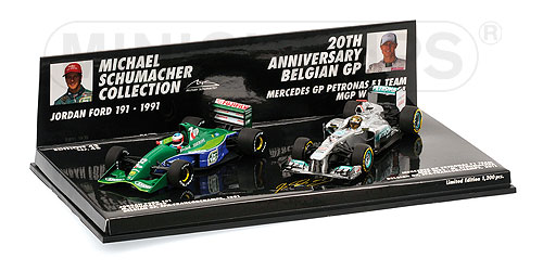 2-CAR SET – JORDAN 191/MERCEDES-BENZ MGP W02 – 20TH ANNIVERSARY SCHUMACHER – 1991 TO 2011 BELGIAN GP L.E. 1200 pcs. 1:43 model