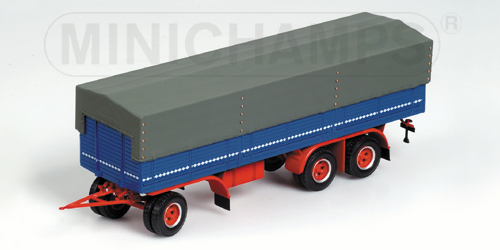 KAESSBOHRER 3-ACHS PRITSCHENANHAENGER MIT TRILEXFELGEN – BLUE/RED 1:43 model