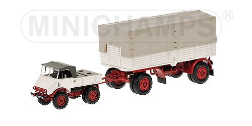MERCEDES-BENZ UNIMOG 401 – SET MIT PRITSCHENANHÄNGER – 1951 – WHITE/RED L.E. 504 pcs. 1:43 model