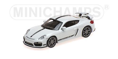 PORSCHE CAYMAN GT4 – 2016 – WHITE W/ BLACK STRIPE – BLACK WORDING 1:87 model
