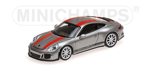PORSCHE 911 R – 2016 – SILVER W/ RED STRIPES AND BLACK WRITING 1:87 model
