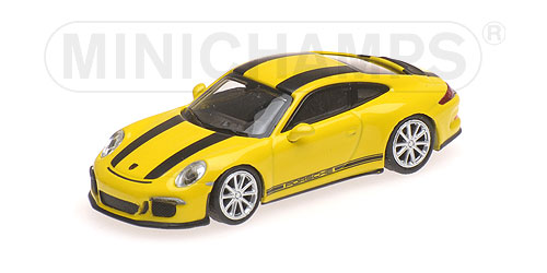 PORSCHE 911 R – 2016 – YELLOW W/ BLACK STRIPES AND BLACK WRITING 1:87 model