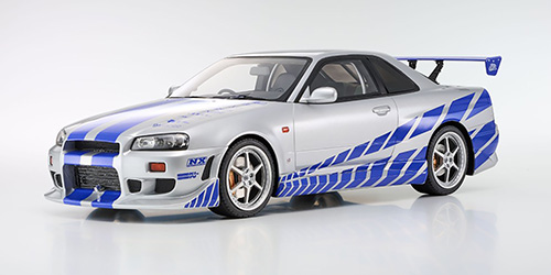 NISSAN SKYLINE R34 GT-R 2001 – FAST & FURIOUS – SILVER W/BLUE STRIPES (KSR12007A) 1:12 model